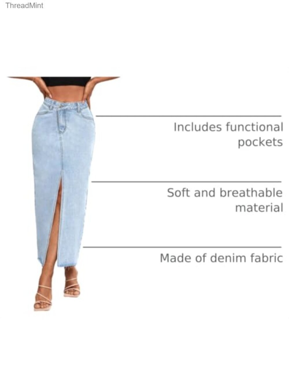 High Waist A-Line Maxi Denim Skirt with Front Split & Raw Hem - Picture 3 of 6